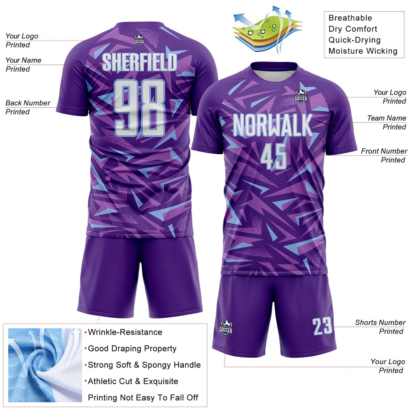 Custom Purple White Light Blue-Medium Purple Cyber Mecha E-sport Geometric Shards Spike Sublimation Soccer Uniform Jersey view 4