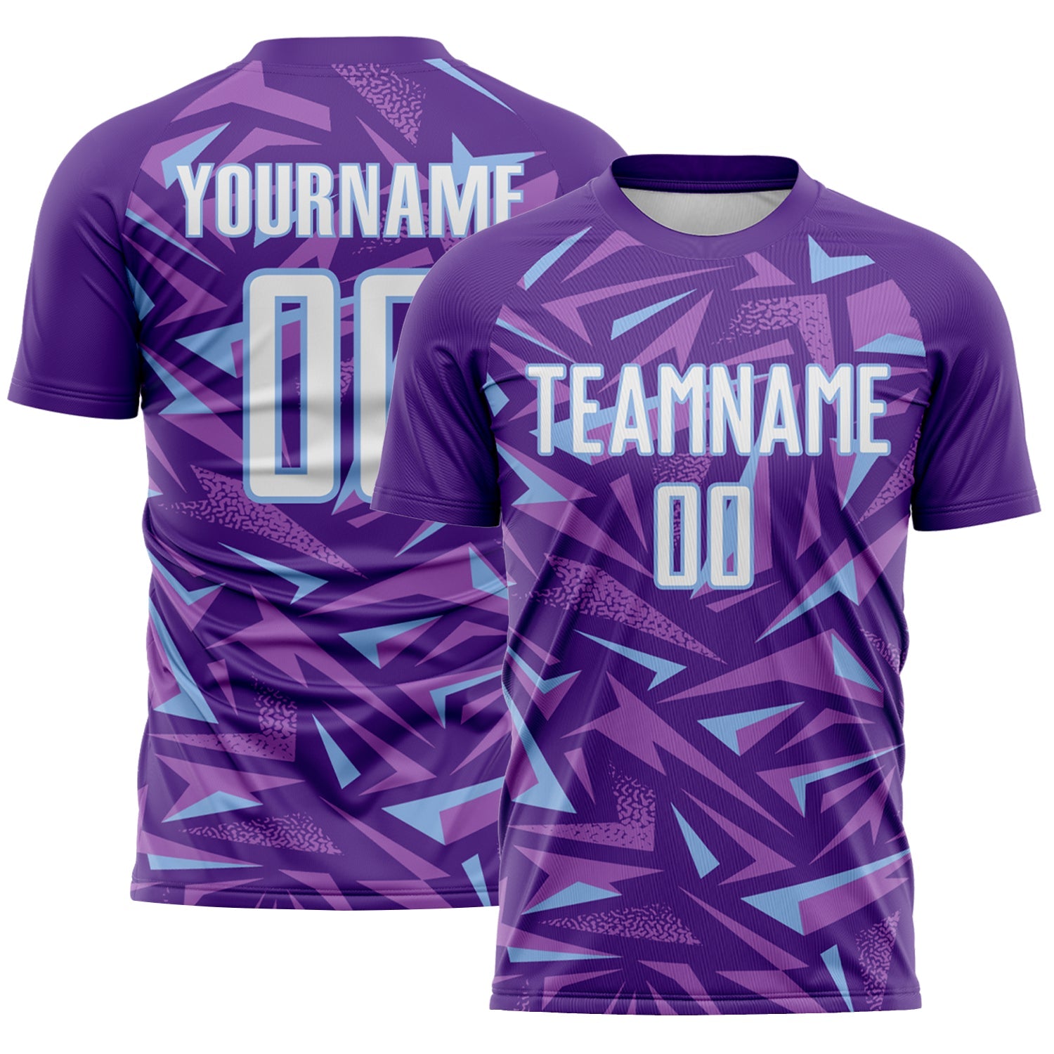 Custom Purple White Light Blue-Medium Purple Cyber Mecha E-sport Geometric Shards Spike Sublimation Soccer Uniform Jersey - Main View