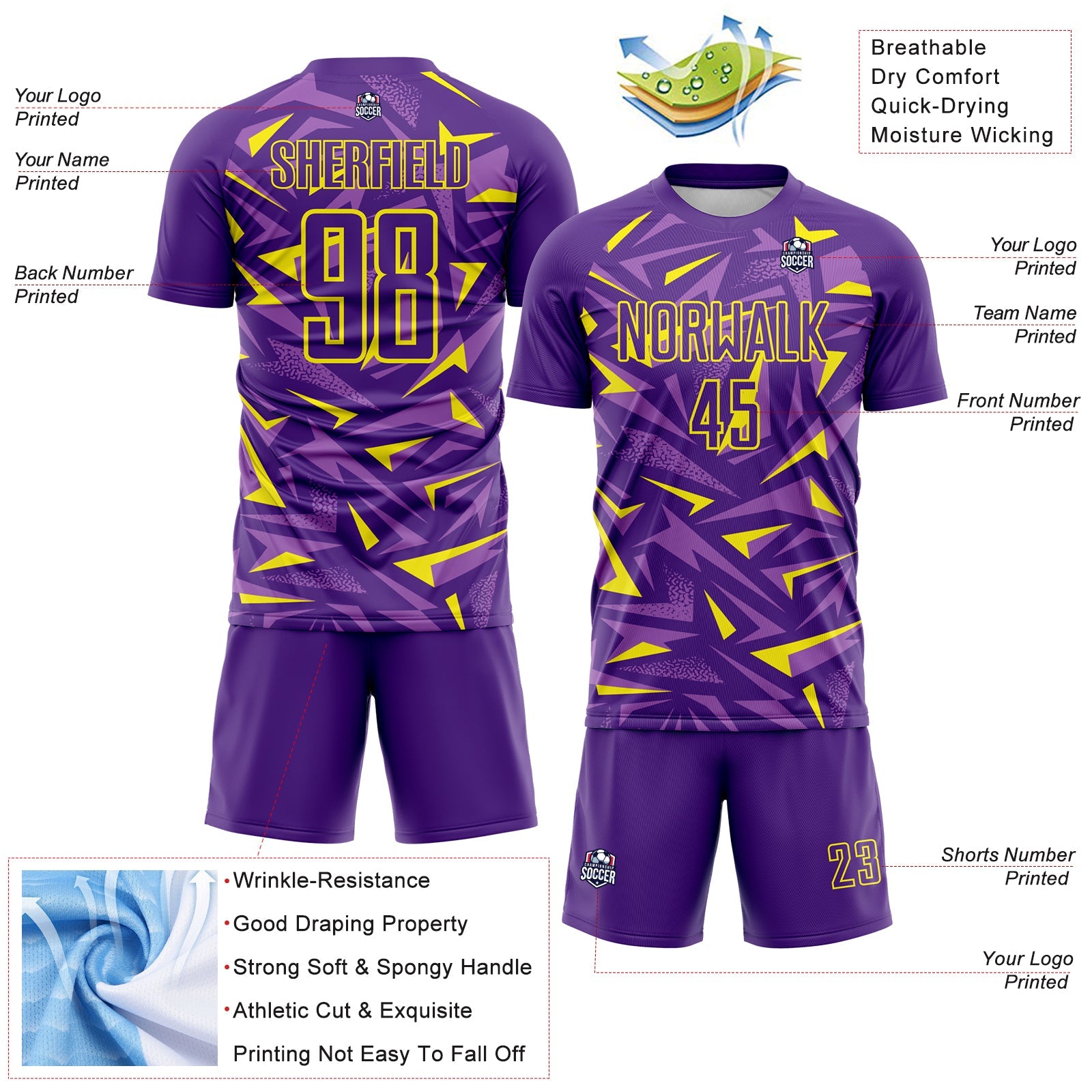 Custom Purple Light Yellow-Medium Purple Cyber Mecha E-sport Geometric Shards Spike Sublimation Soccer Uniform Jersey view 4