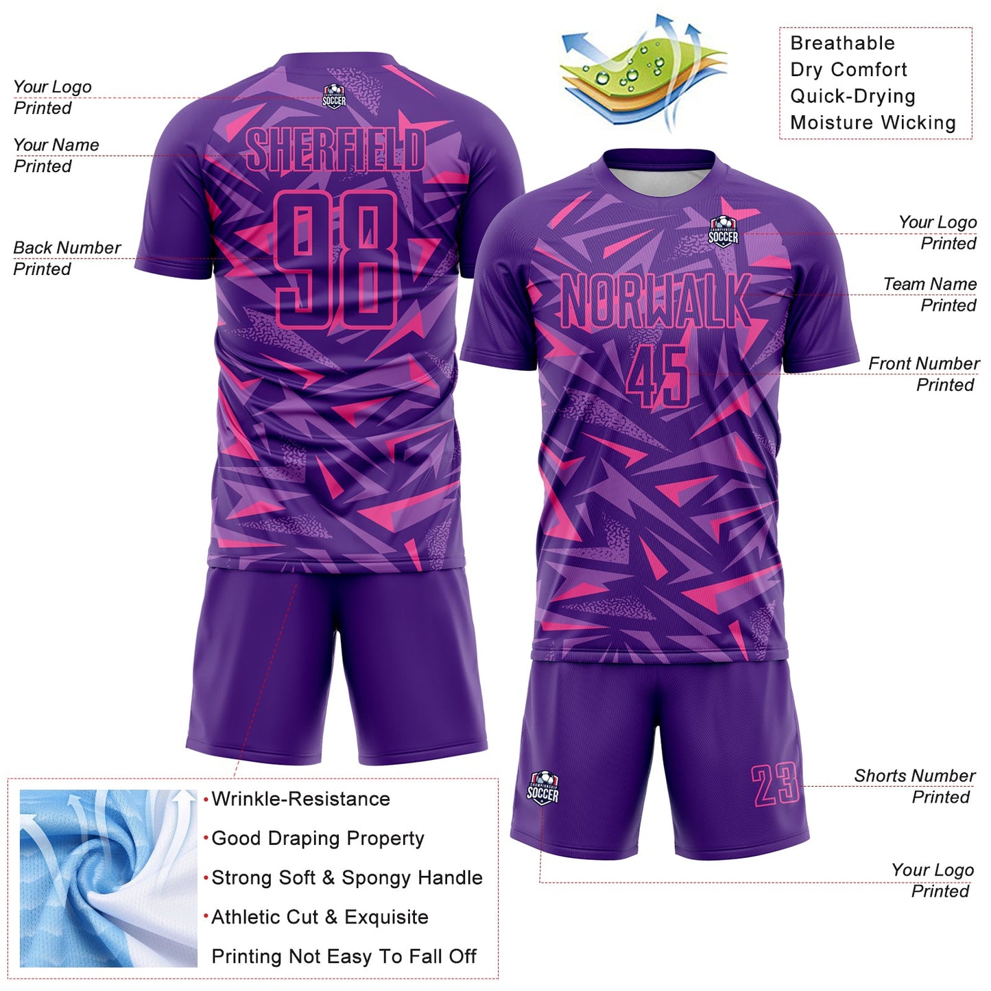 Custom Purple Pink-Medium Purple Cyber Mecha E-sport Geometric Shards Spike Sublimation Soccer Uniform Jersey view 4