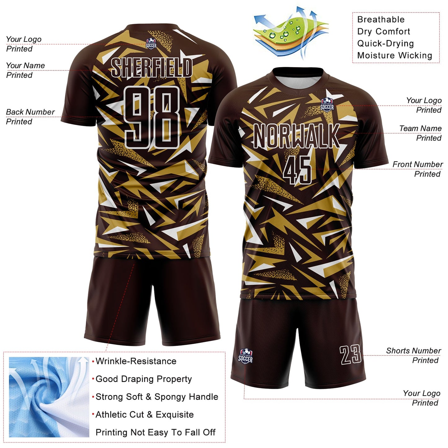 Custom Brown Old Gold-White Cyber Mecha E-sport Geometric Shards Spike Sublimation Soccer Uniform Jersey view 4