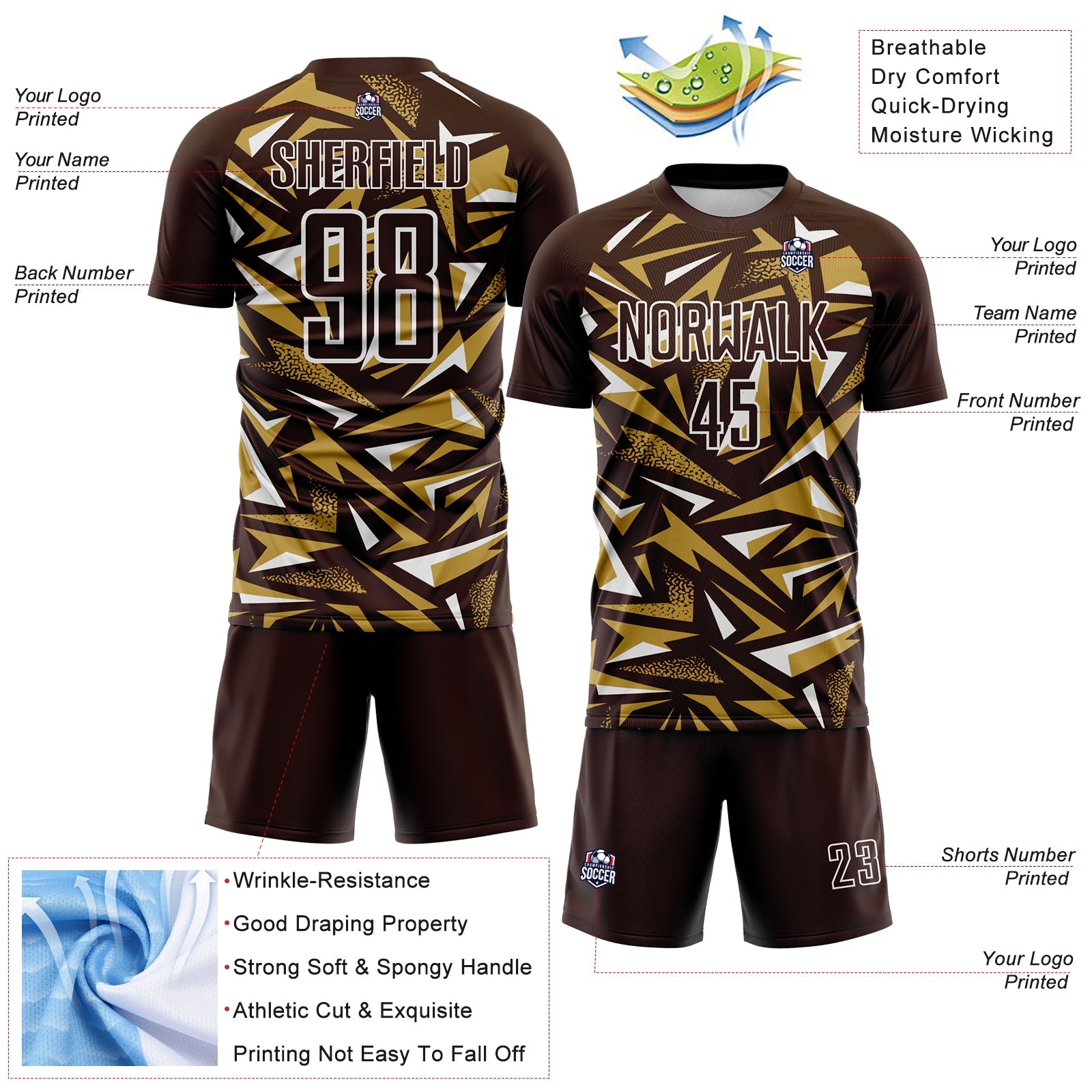 Custom Brown Old Gold-White Cyber Mecha E-sport Geometric Shards Spike Sublimation Soccer Uniform Jersey view 4