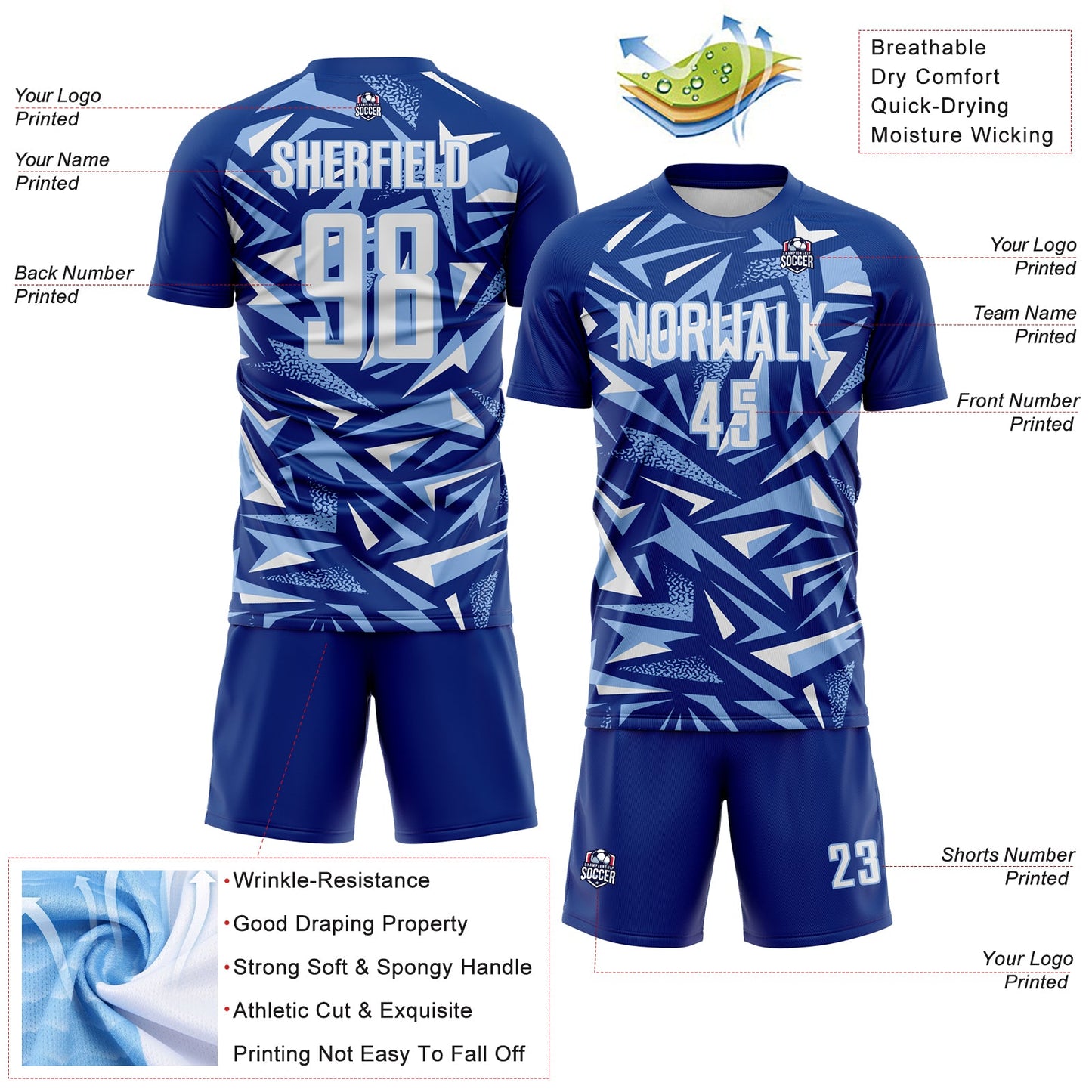 Custom Royal White-Light Blue Cyber Mecha E-sport Geometric Shards Spike Sublimation Soccer Uniform Jersey view 4