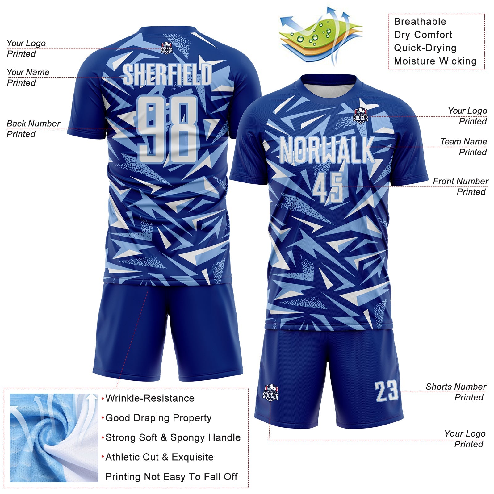 Custom Royal White-Light Blue Cyber Mecha E-sport Geometric Shards Spike Sublimation Soccer Uniform Jersey view 4