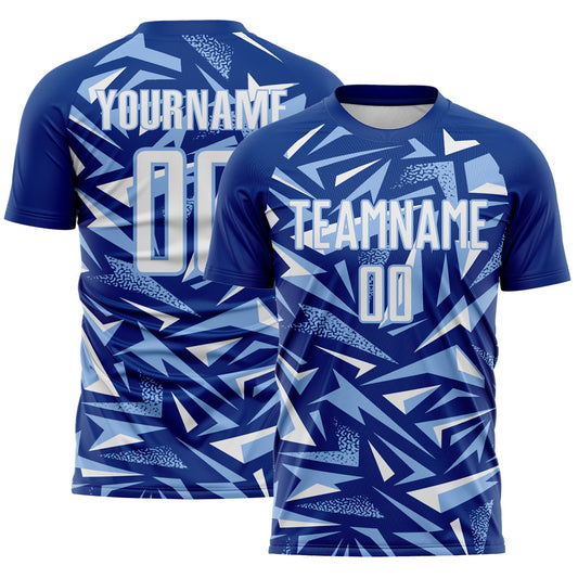 Custom Royal White-Light Blue Cyber Mecha E-sport Geometric Shards Spike Sublimation Soccer Uniform Jersey - Main View