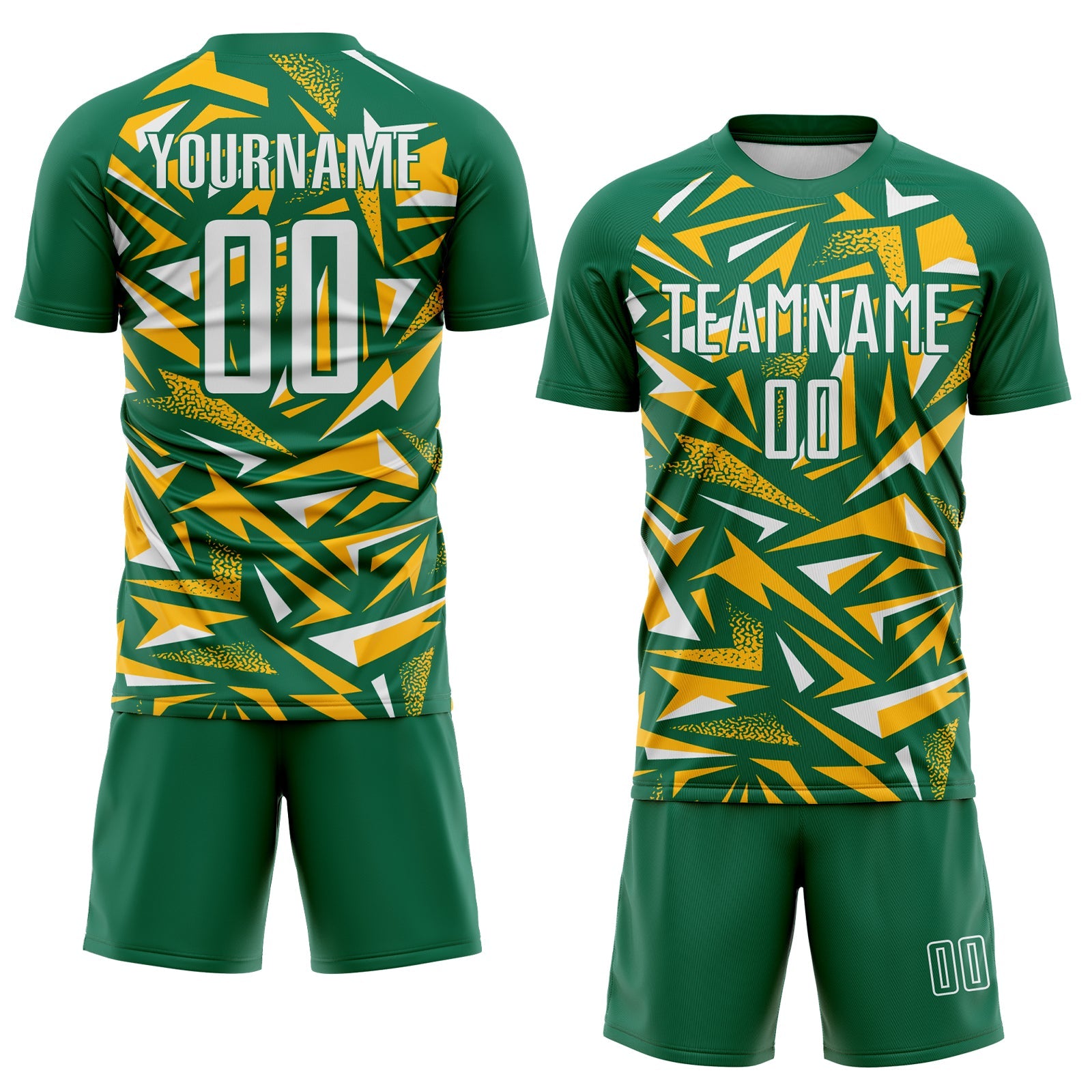 Custom Kelly Green White-Gold Cyber Mecha E-sport Geometric Shards Spike Sublimation Soccer Uniform Jersey view 2