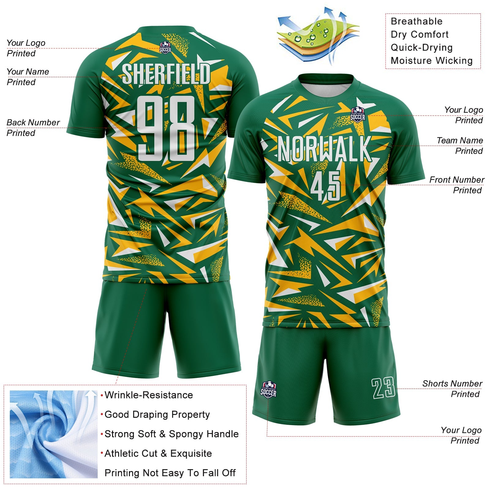 Custom Kelly Green White-Gold Cyber Mecha E-sport Geometric Shards Spike Sublimation Soccer Uniform Jersey view 4