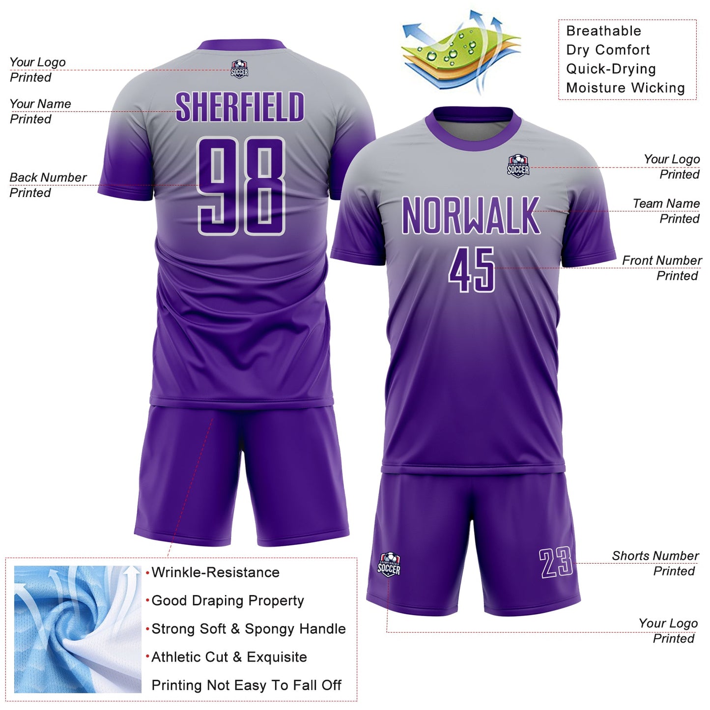 Custom Gray Purple-White Fade Fashion Sublimation Soccer Uniform Jersey view 4
