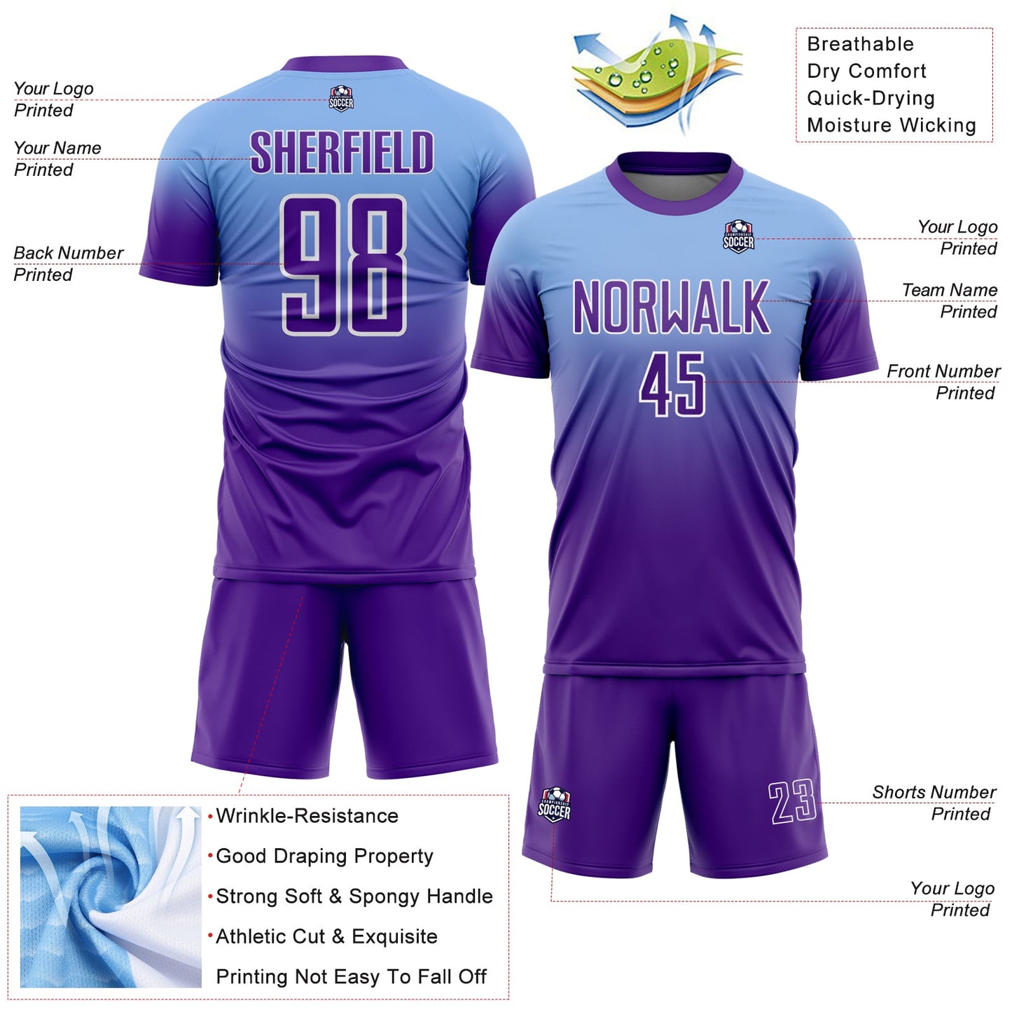 Custom Light Blue Purple-White Fade Fashion Sublimation Soccer Uniform Jersey view 4