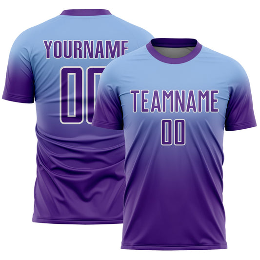Custom Light Blue Purple-White Fade Fashion Sublimation Soccer Uniform Jersey - Main View