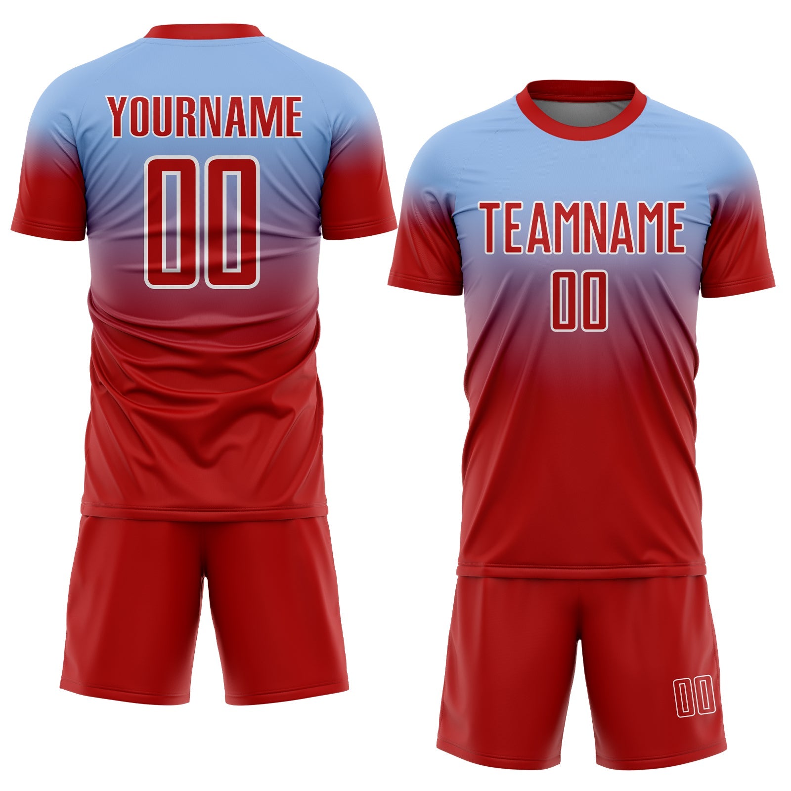 Custom Light Blue Red-White Fade Fashion Sublimation Soccer Uniform Jersey view 2