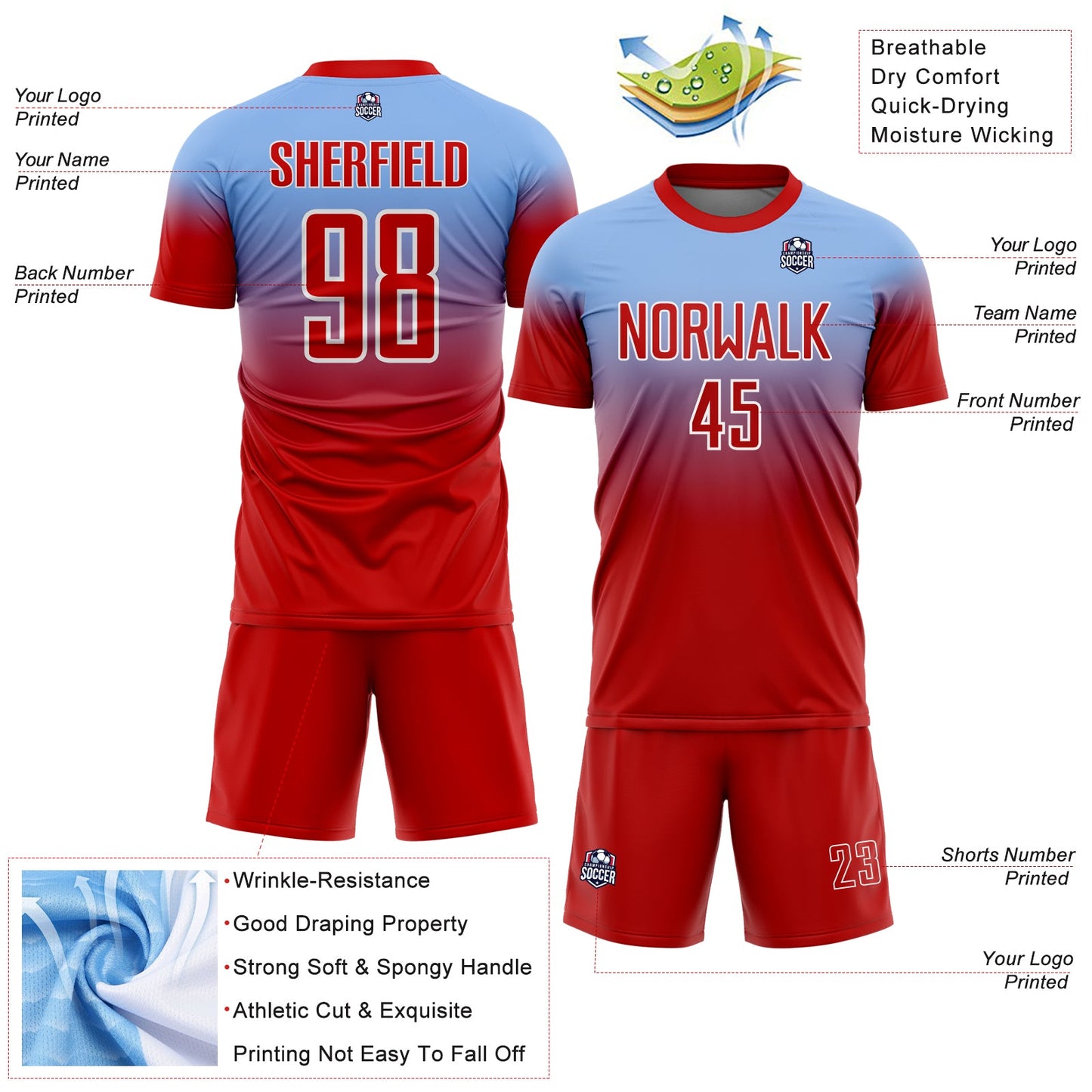 Custom Light Blue Red-White Fade Fashion Sublimation Soccer Uniform Jersey view 4