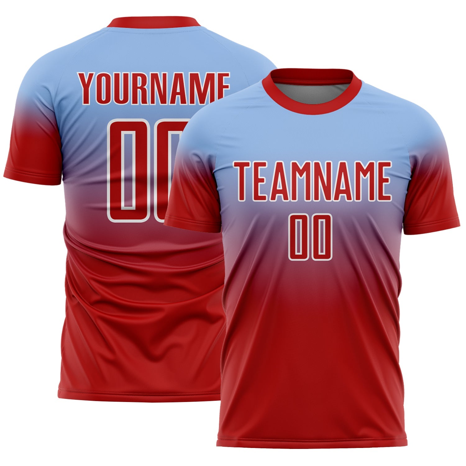 Custom Light Blue Red-White Fade Fashion Sublimation Soccer Uniform Jersey - Main View