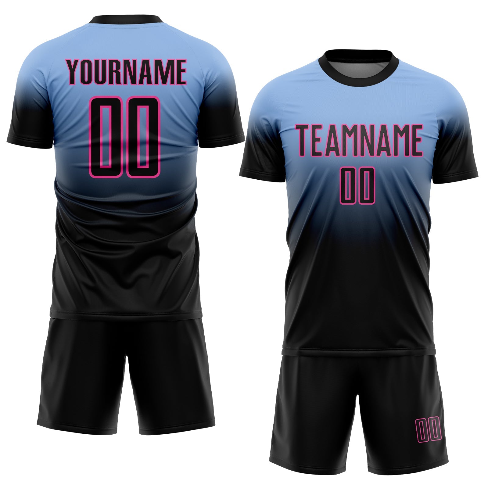 Custom Light Blue Black-Pink Fade Fashion Sublimation Soccer Uniform Jersey view 2