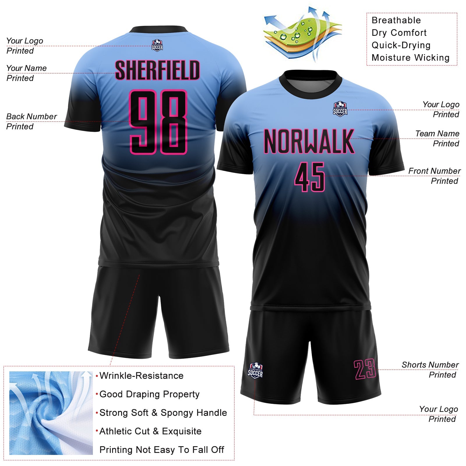 Custom Light Blue Black-Pink Fade Fashion Sublimation Soccer Uniform Jersey view 4