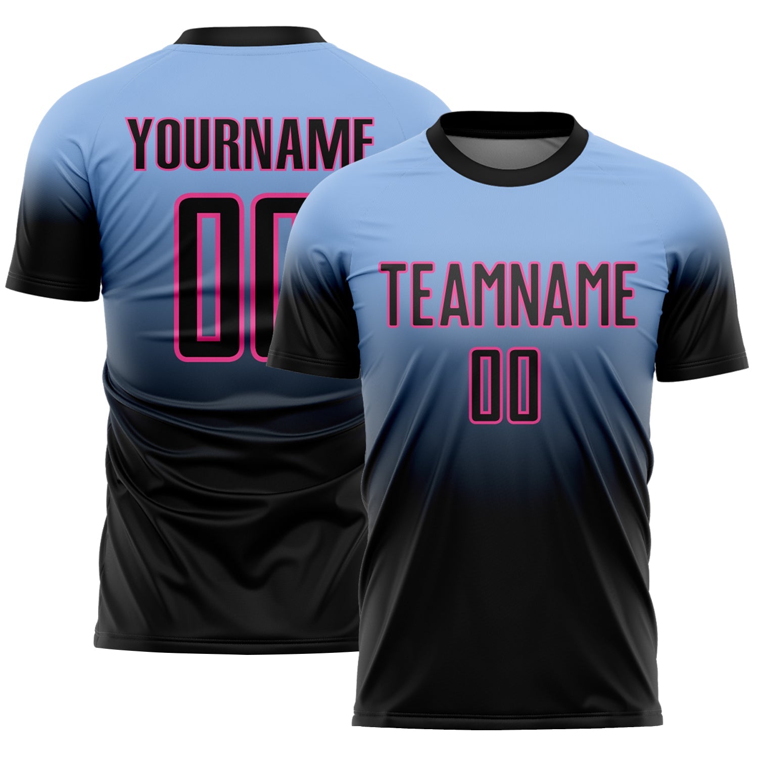 Custom Light Blue Black-Pink Fade Fashion Sublimation Soccer Uniform Jersey - Main View