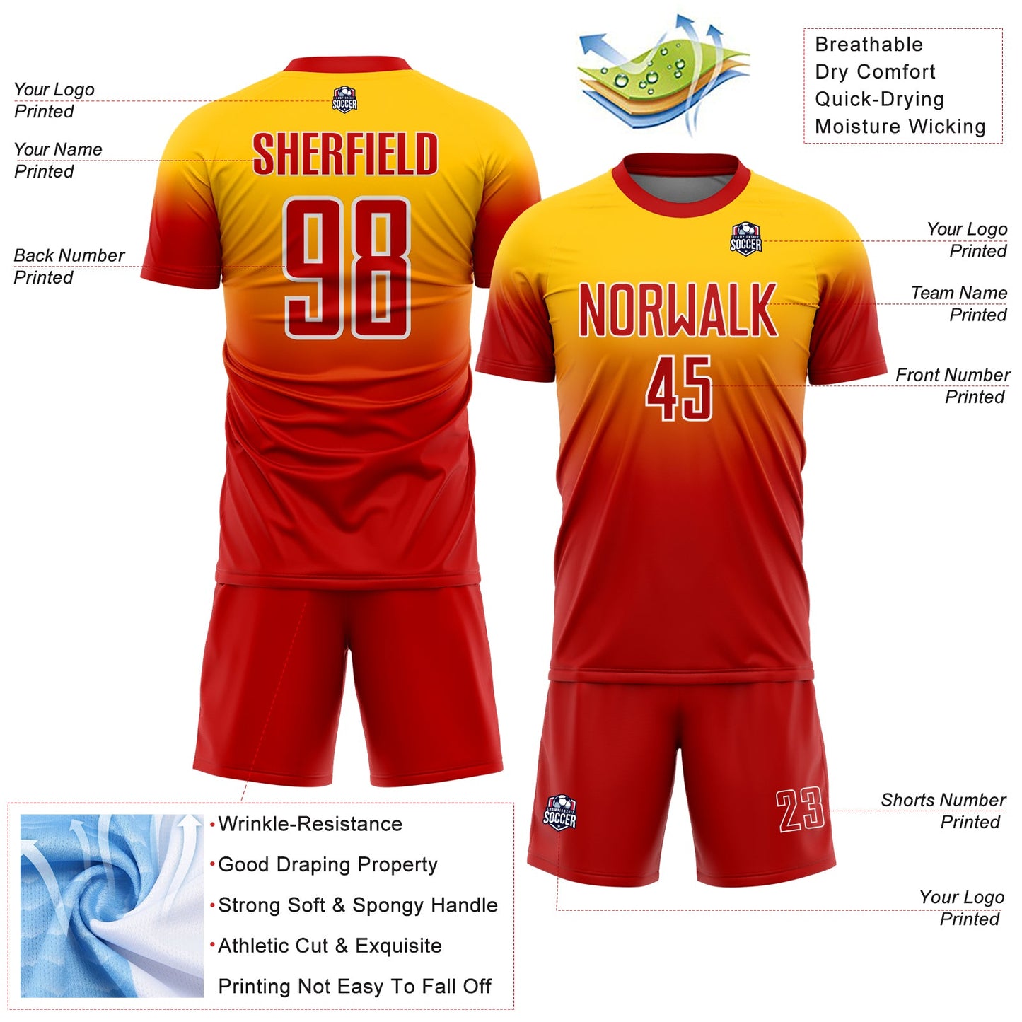 Custom Yellow Red-White Fade Fashion Sublimation Soccer Uniform Jersey view 4
