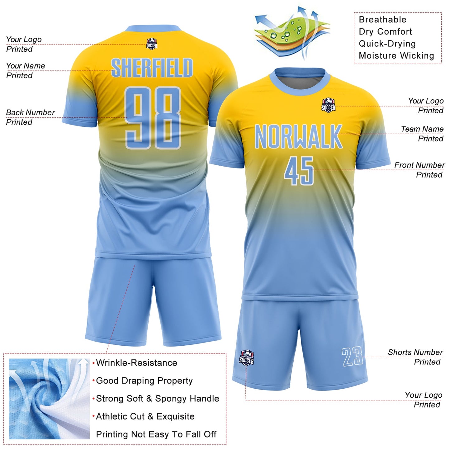Custom Yellow Light Blue-White Fade Fashion Sublimation Soccer Uniform Jersey view 4