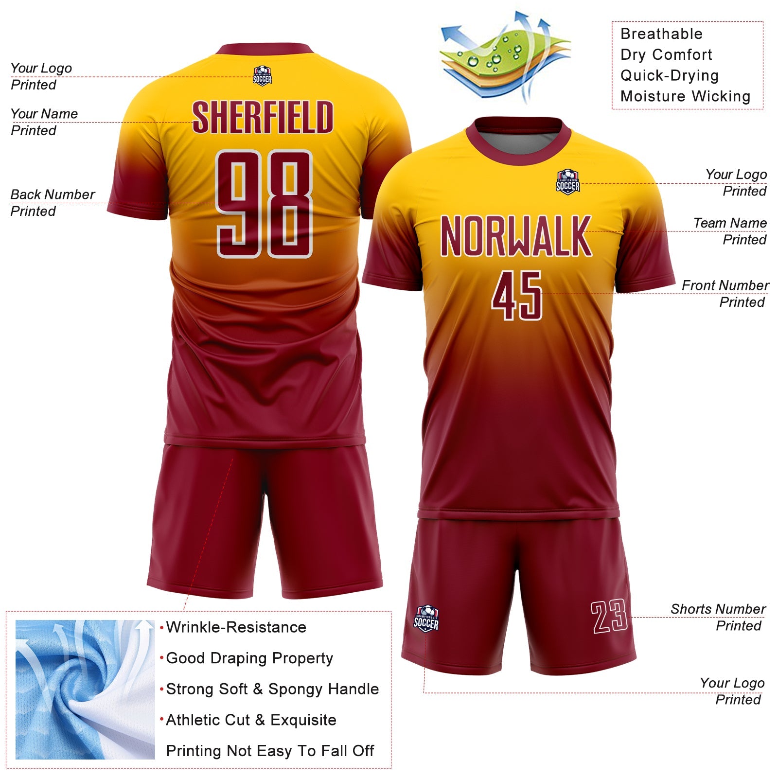Custom Yellow Crimson-White Fade Fashion Sublimation Soccer Uniform Jersey view 4
