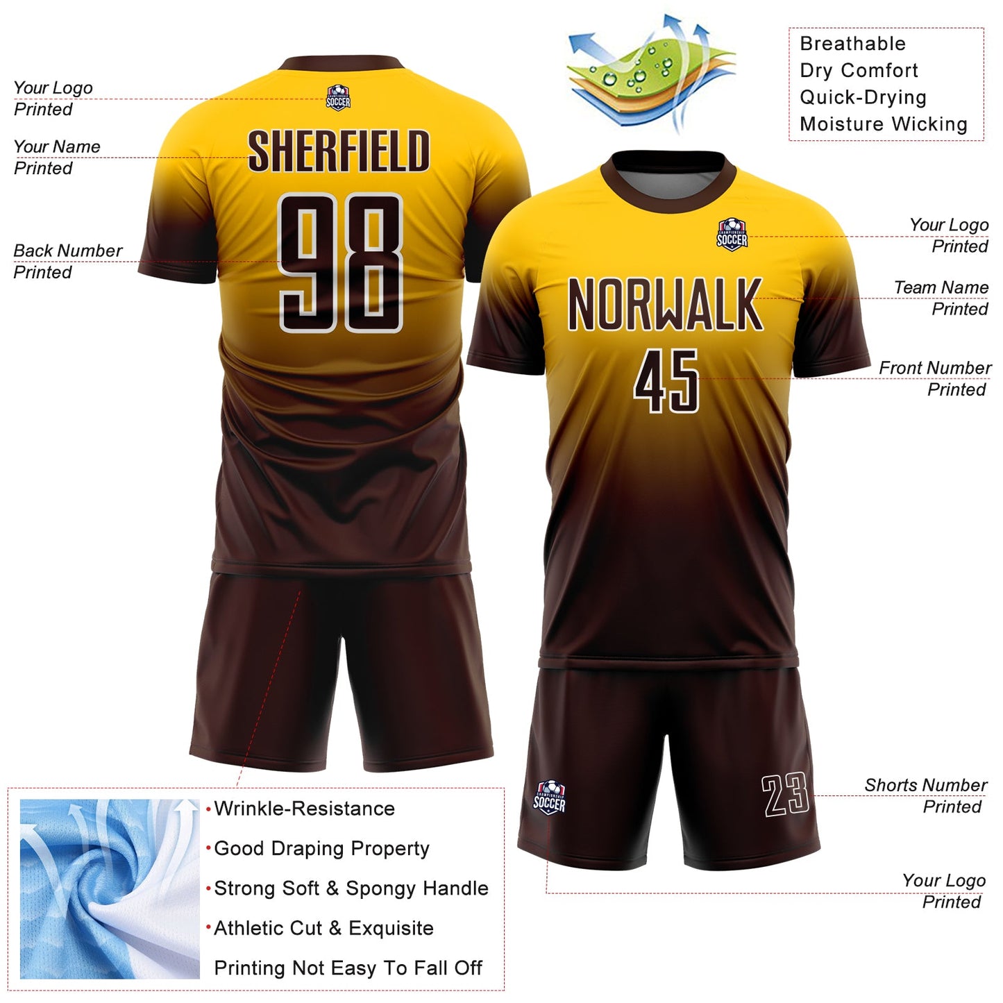 Custom Yellow Brown-White Fade Fashion Sublimation Soccer Uniform Jersey view 4