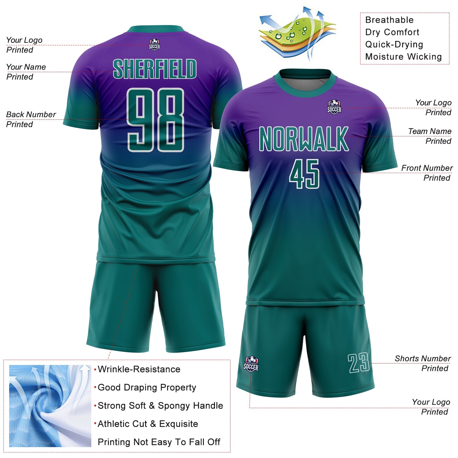 Custom Purple Teal-White Fade Fashion Sublimation Soccer Uniform Jersey view 4