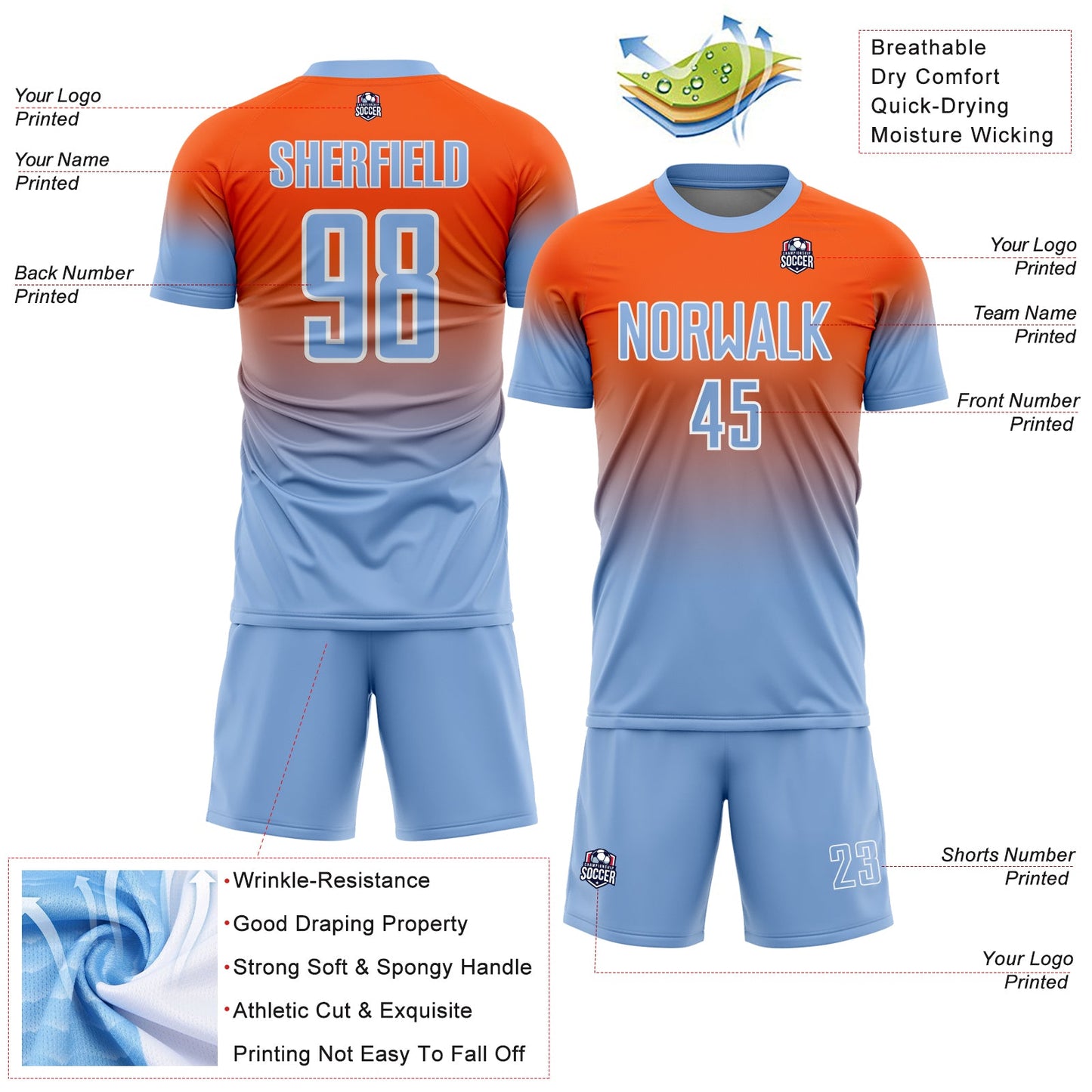 Custom Orange Light Blue-White Fade Fashion Sublimation Soccer Uniform Jersey view 4