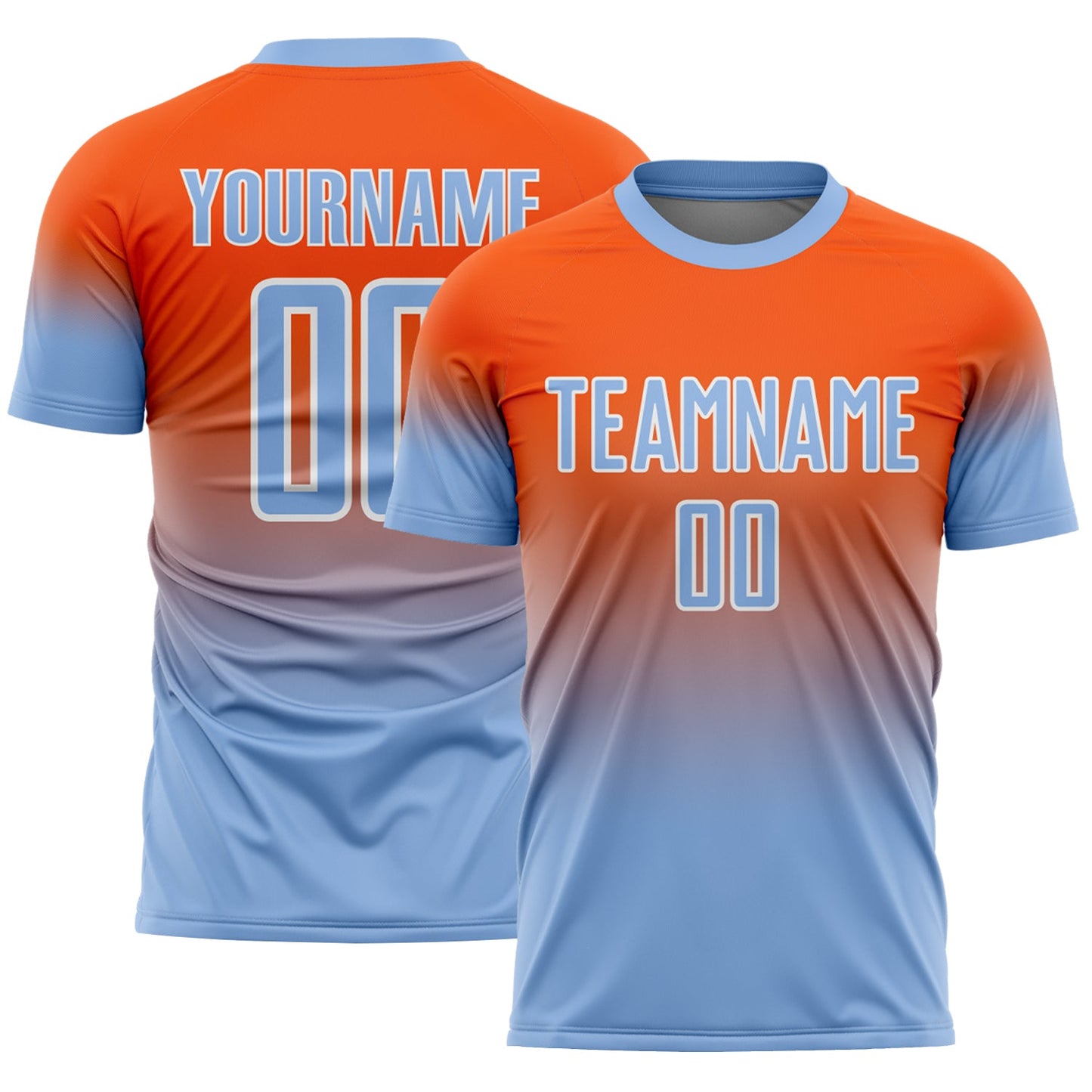 Custom Orange Light Blue-White Fade Fashion Sublimation Soccer Uniform Jersey - Main View