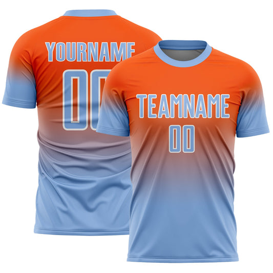 Custom Orange Light Blue-White Fade Fashion Sublimation Soccer Uniform Jersey - Main View