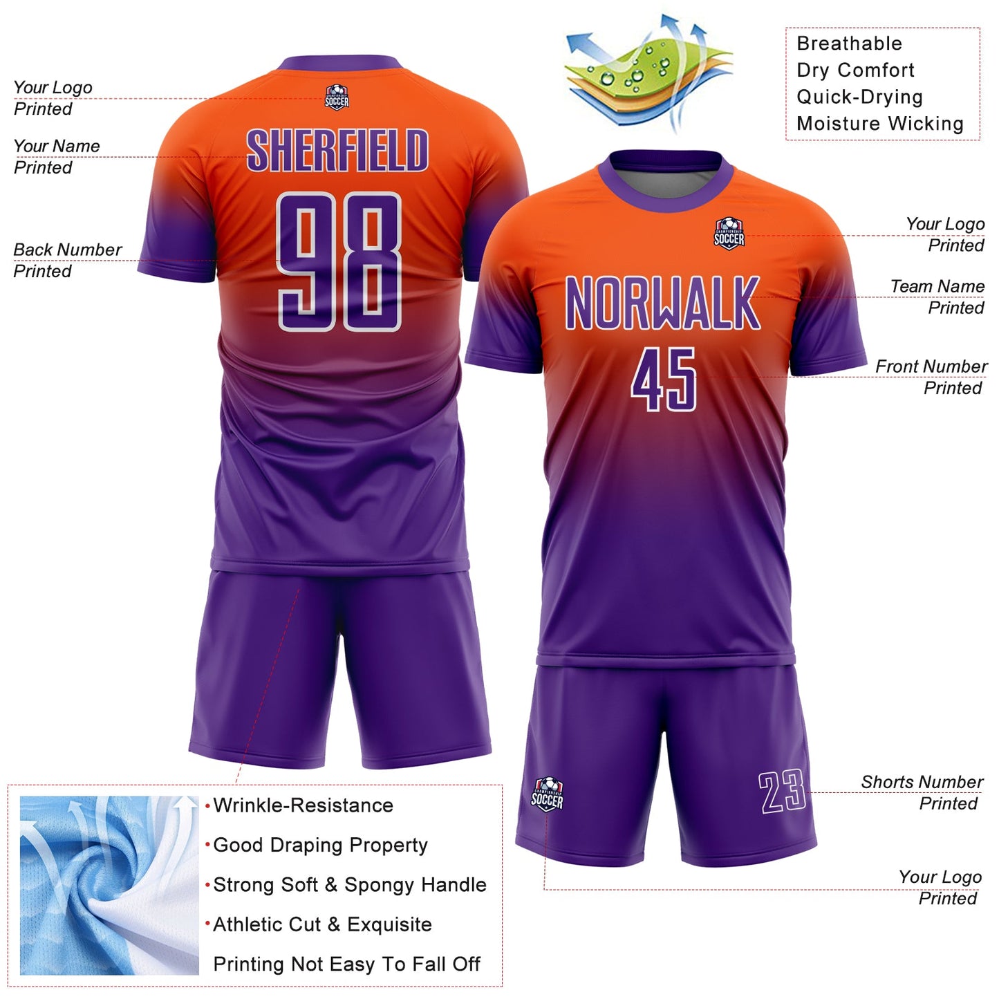 Custom Orange Purple-White Fade Fashion Sublimation Soccer Uniform Jersey view 4