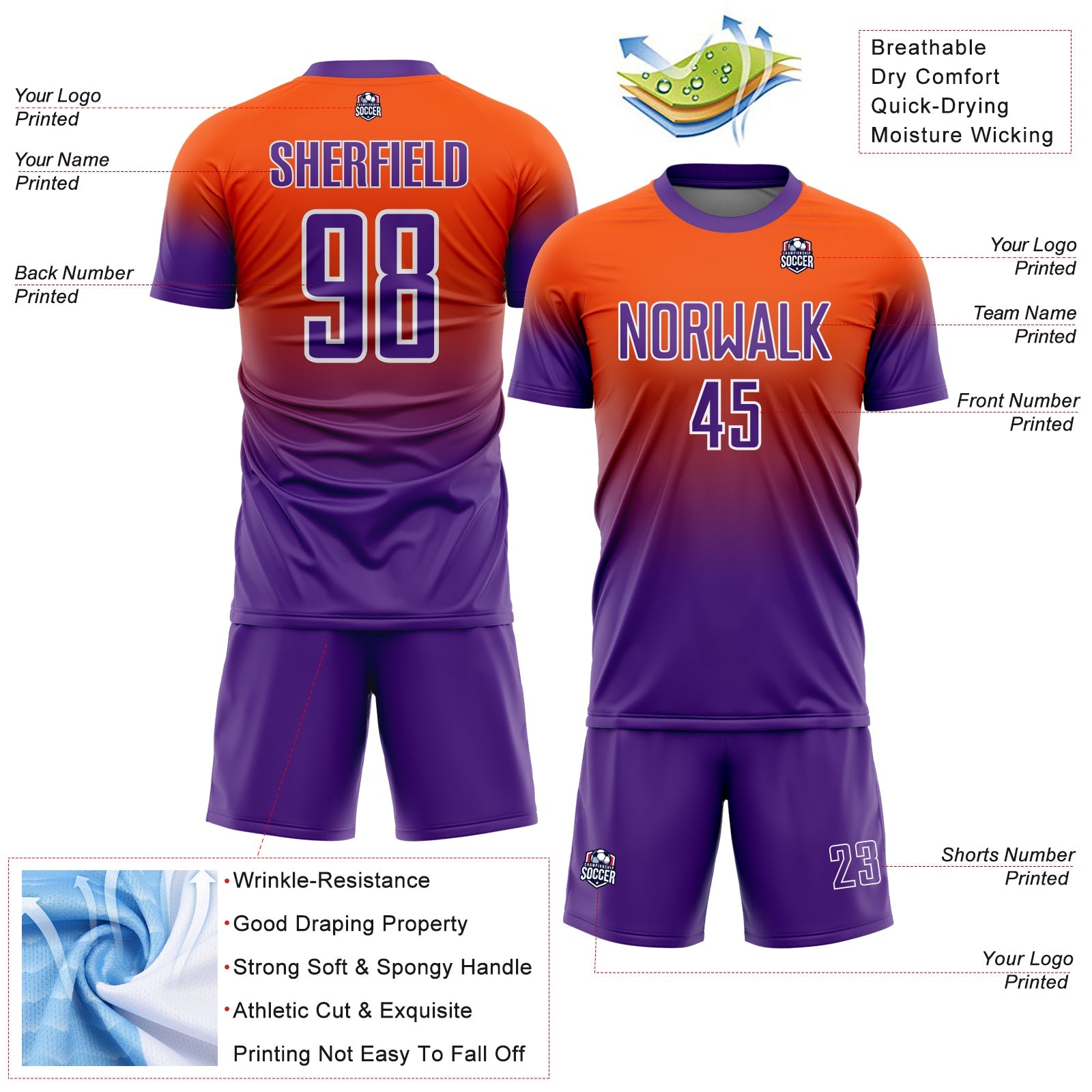 Custom Orange Purple-White Fade Fashion Sublimation Soccer Uniform Jersey view 4