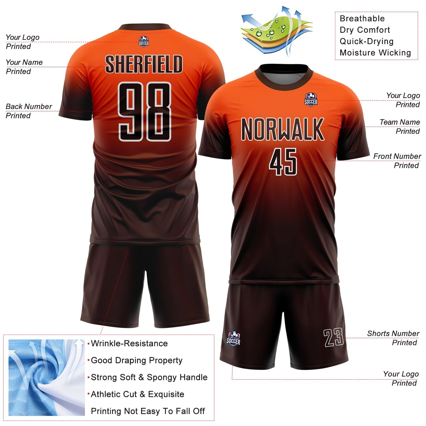 Custom Orange Brown-White Fade Fashion Sublimation Soccer Uniform Jersey view 4