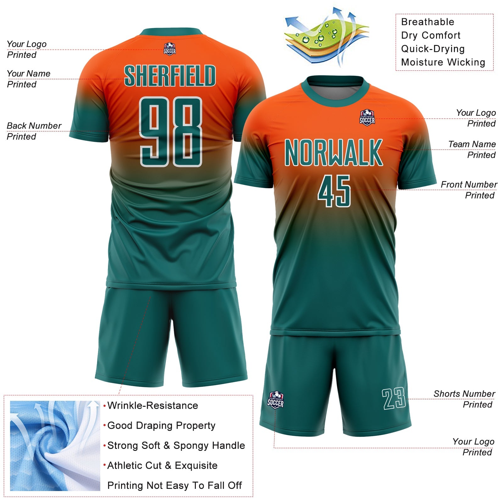 Custom Orange Teal-White Fade Fashion Sublimation Soccer Uniform Jersey view 4