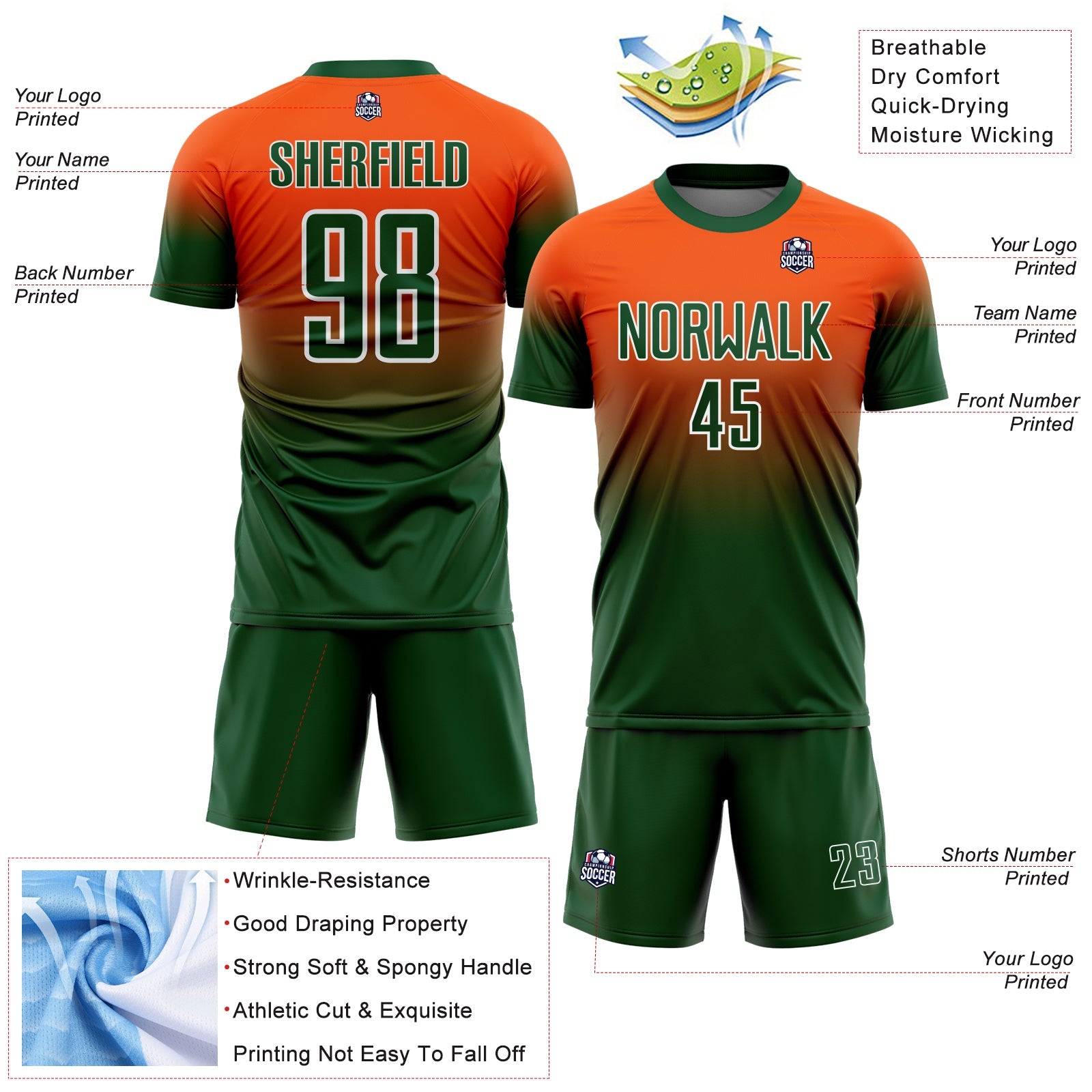 Custom Orange Green-White Fade Fashion Sublimation Soccer Uniform Jersey view 4