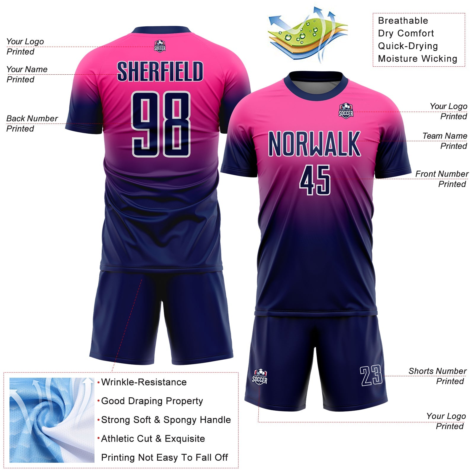 Custom Pink Navy-White Fade Fashion Sublimation Soccer Uniform Jersey view 4