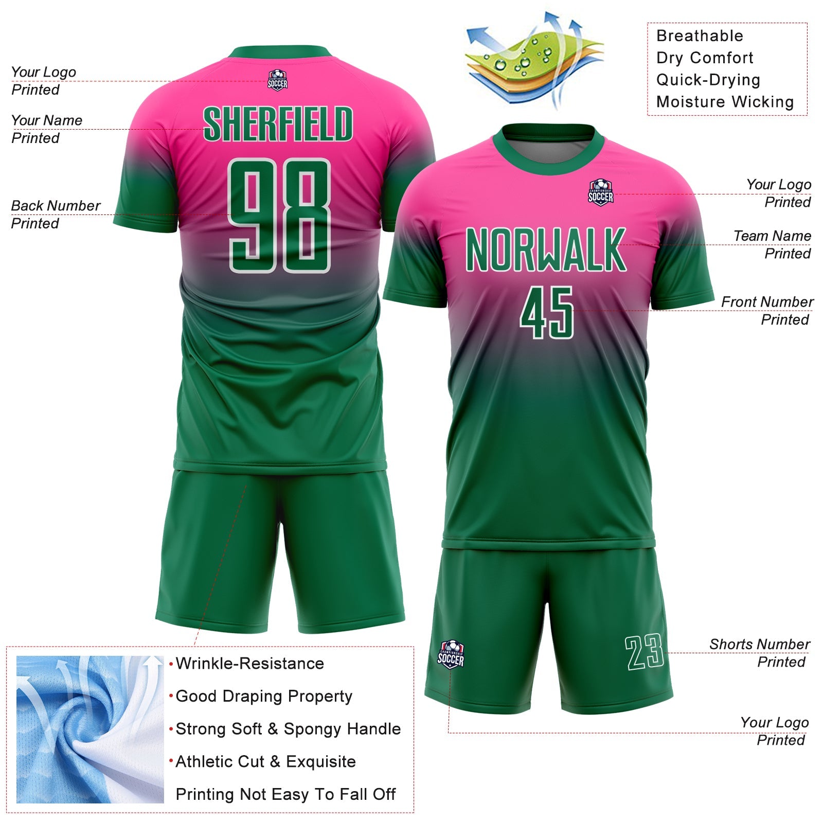 Custom Pink Kelly Green-White Fade Fashion Sublimation Soccer Uniform Jersey view 4