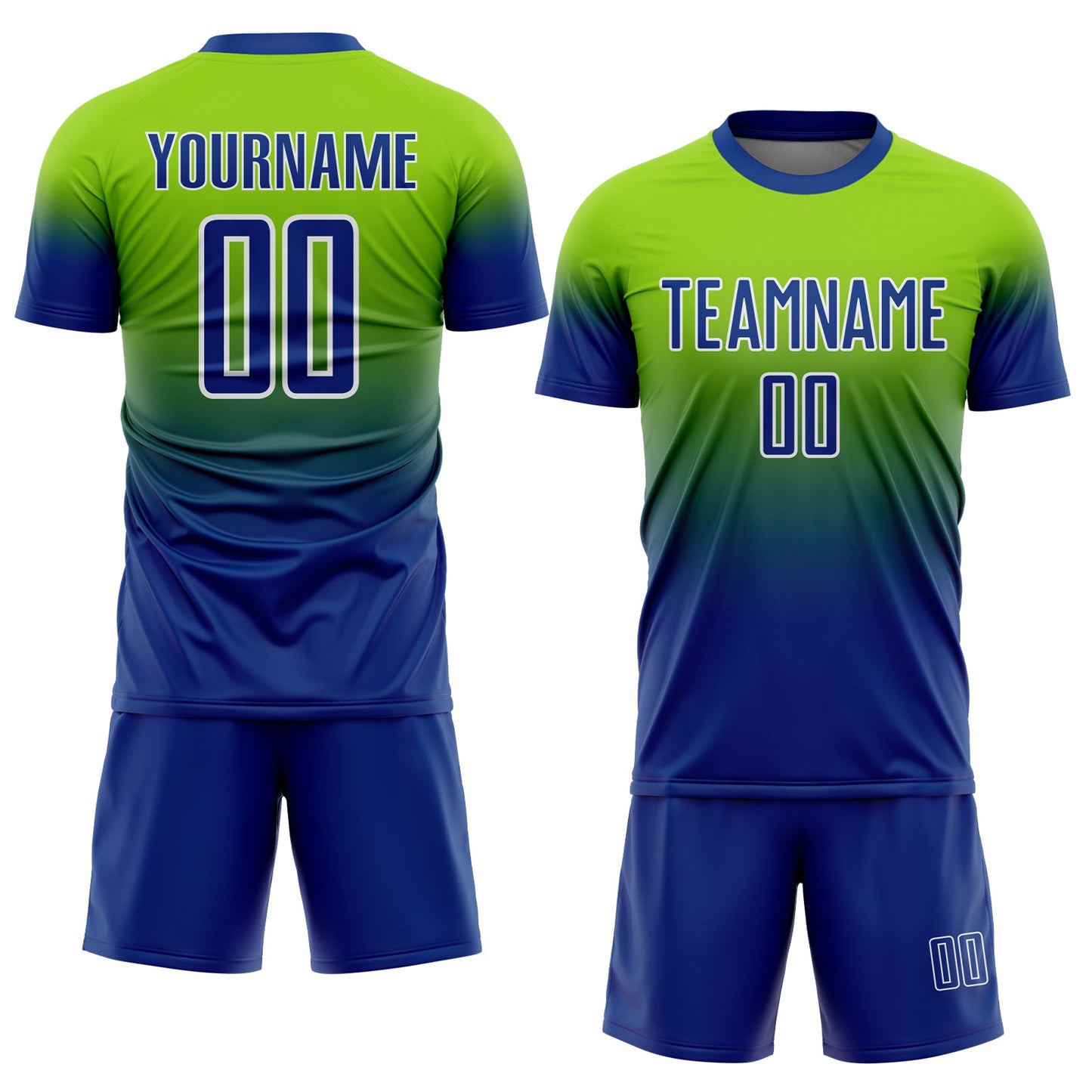 Custom Neon Green Royal-White Fade Fashion Sublimation Soccer Uniform Jersey view 2