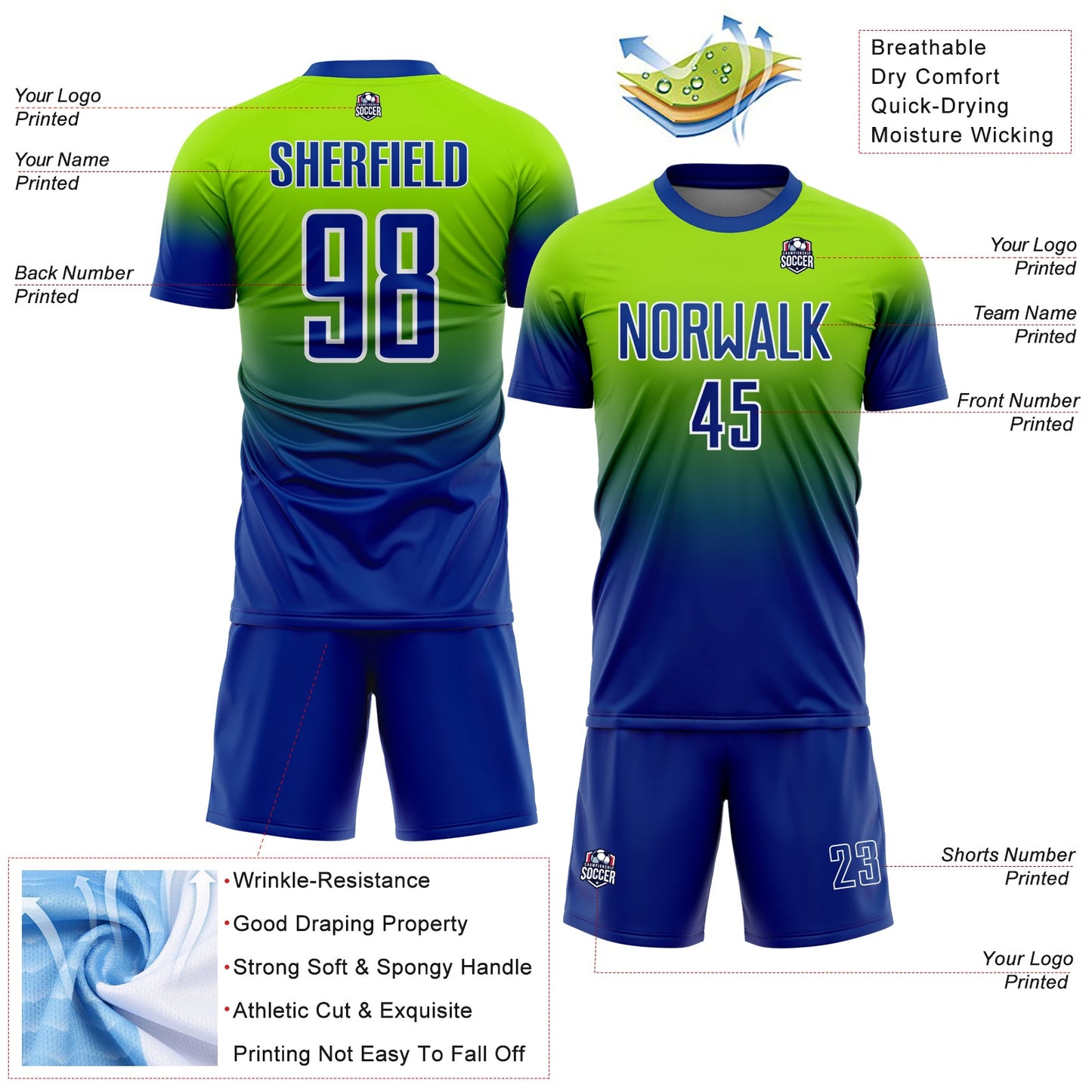 Custom Neon Green Royal-White Fade Fashion Sublimation Soccer Uniform Jersey view 4