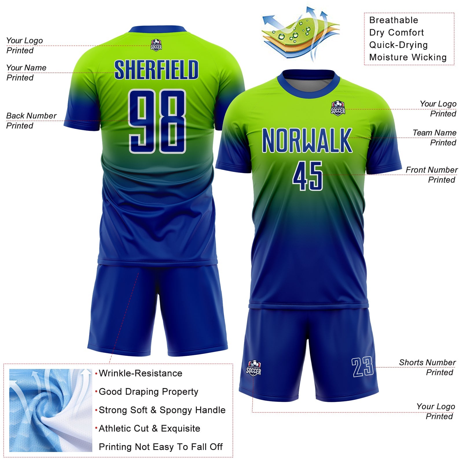 Custom Neon Green Royal-White Fade Fashion Sublimation Soccer Uniform Jersey view 4