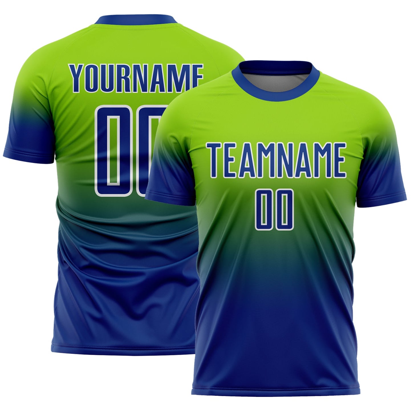 Custom Neon Green Royal-White Fade Fashion Sublimation Soccer Uniform Jersey - Main View