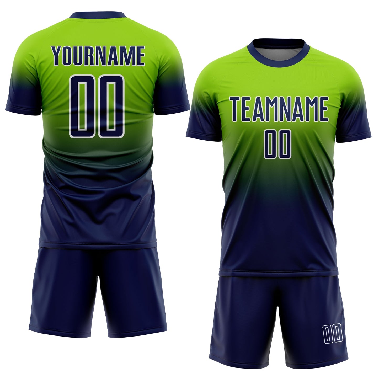Custom Neon Green Navy-White Fade Fashion Sublimation Soccer Uniform Jersey view 2