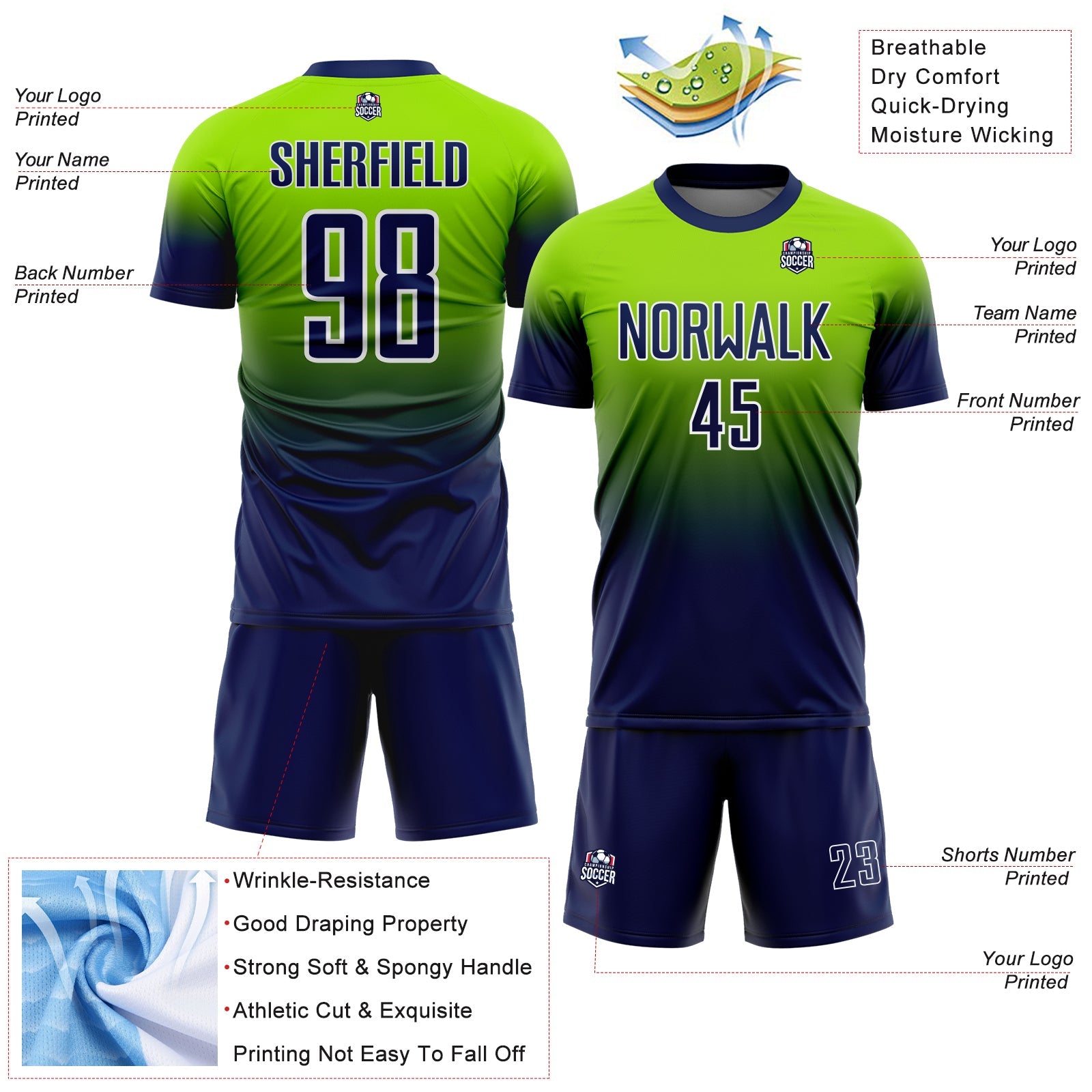 Custom Neon Green Navy-White Fade Fashion Sublimation Soccer Uniform Jersey view 4