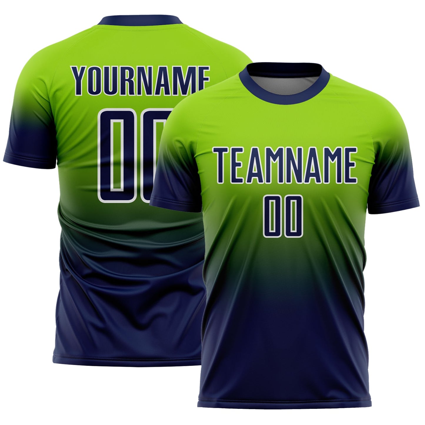 Custom Neon Green Navy-White Fade Fashion Sublimation Soccer Uniform Jersey - Main View
