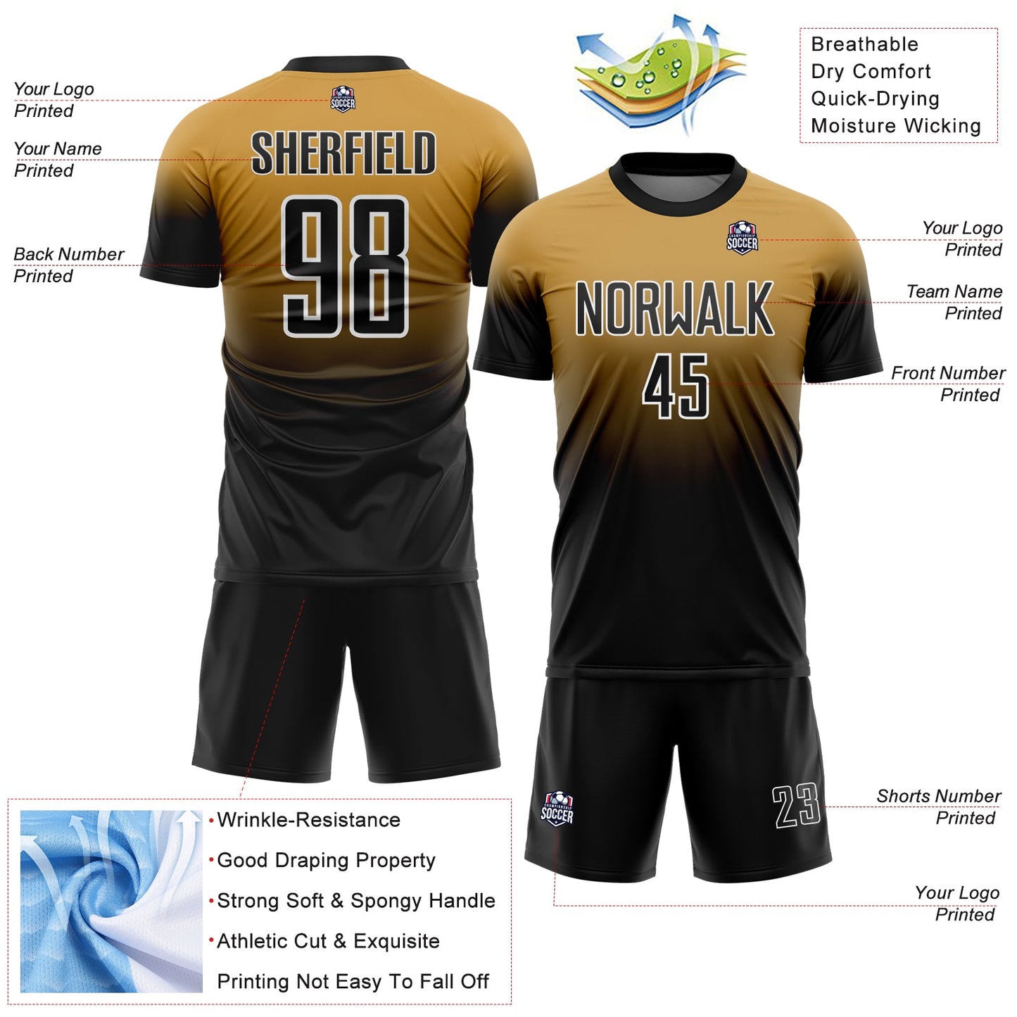 Custom Old Gold Black-White Fade Fashion Sublimation Soccer Uniform Jersey view 4