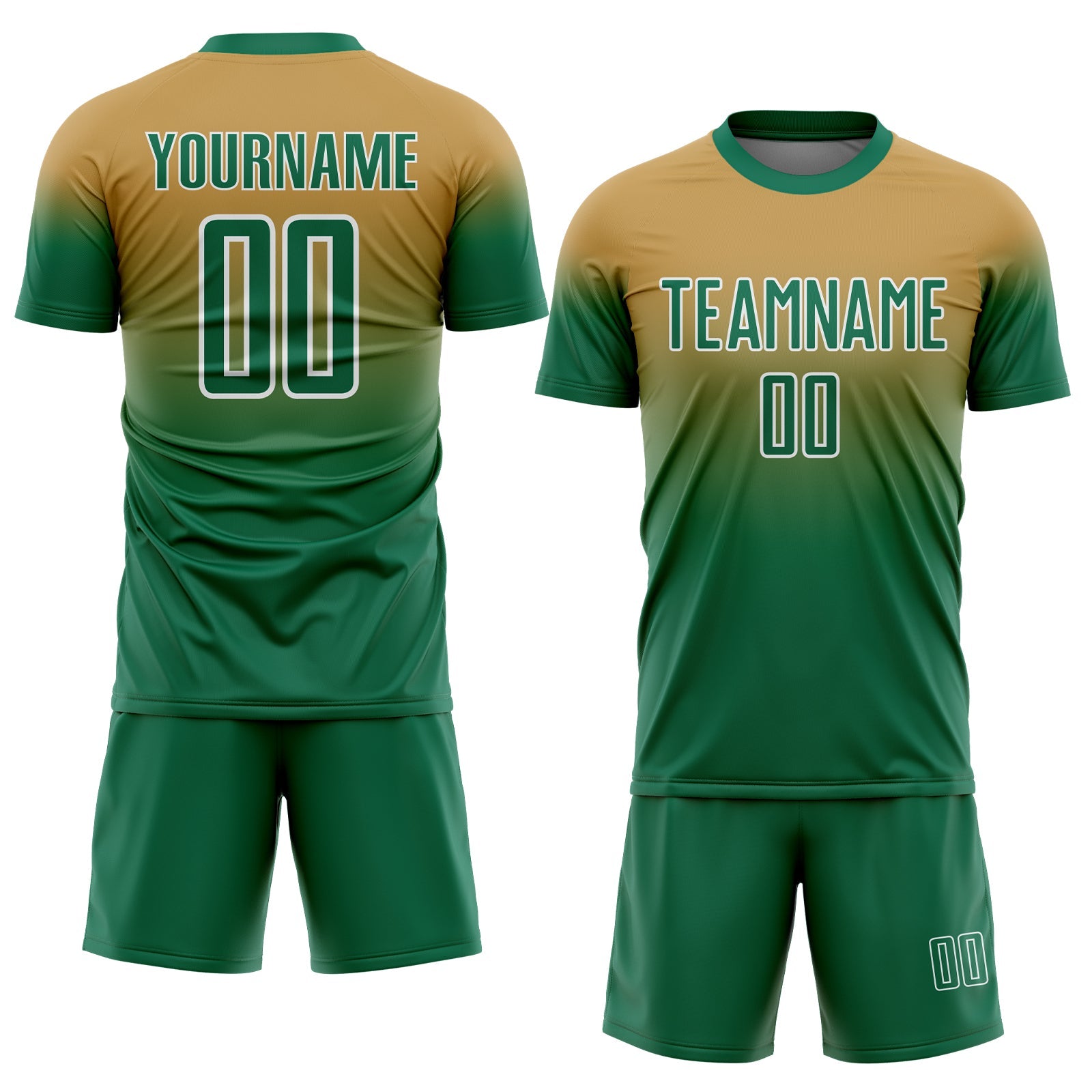 Custom Old Gold Kelly Green-White Fade Fashion Sublimation Soccer Uniform Jersey view 2
