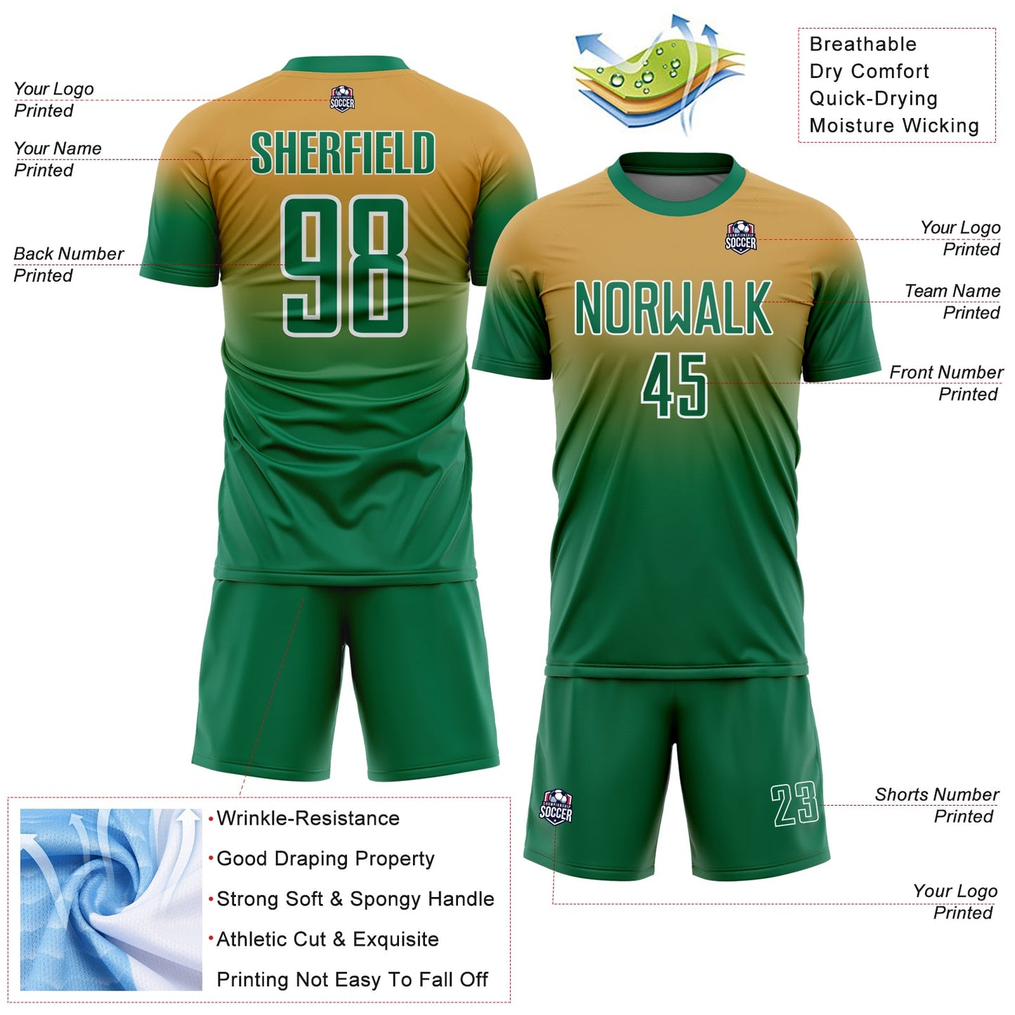 Custom Old Gold Kelly Green-White Fade Fashion Sublimation Soccer Uniform Jersey view 4