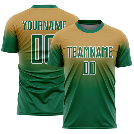Custom Old Gold Kelly Green-White Fade Fashion Sublimation Soccer Uniform Jersey - Main View