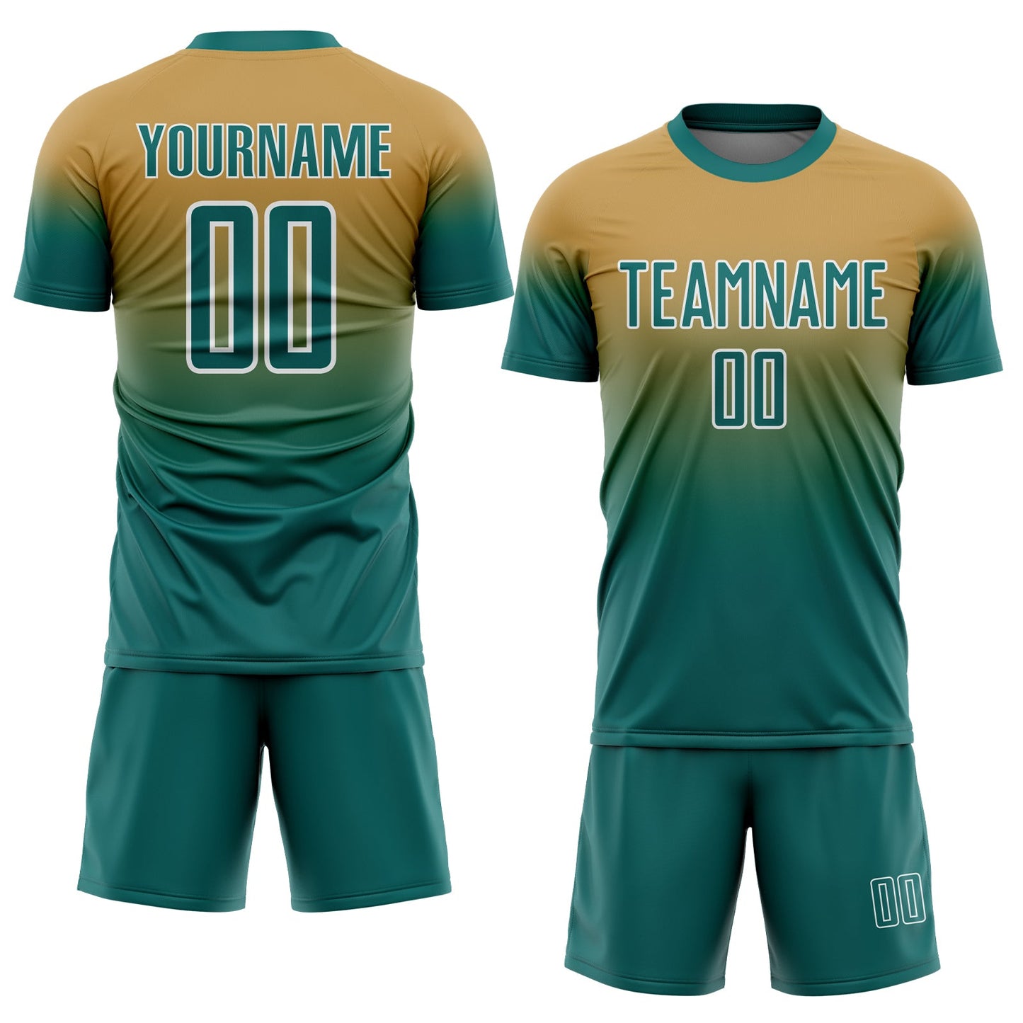 Custom Old Gold Teal-White Fade Fashion Sublimation Soccer Uniform Jersey view 2