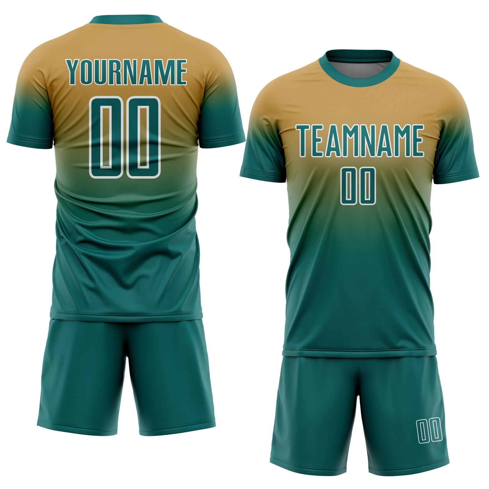 Custom Old Gold Teal-White Fade Fashion Sublimation Soccer Uniform Jersey view 2