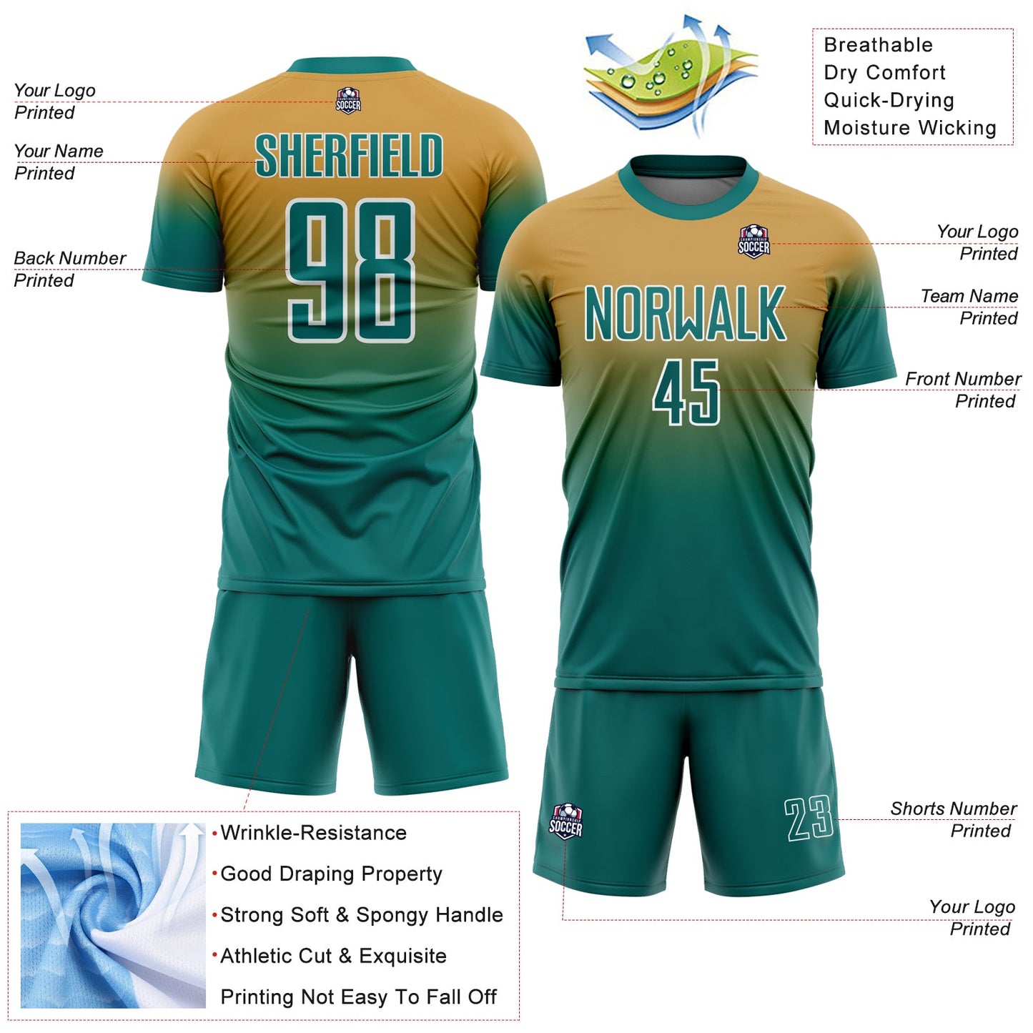 Custom Old Gold Teal-White Fade Fashion Sublimation Soccer Uniform Jersey view 4