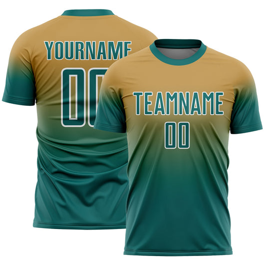 Custom Old Gold Teal-White Fade Fashion Sublimation Soccer Uniform Jersey - Main View